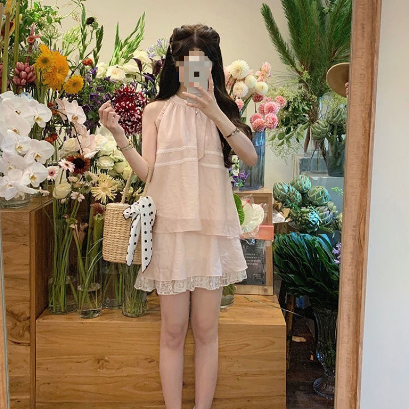 粉色蕾丝拼接甜美气质挂脖衬衫半身裙套装宽松小个子两件套女|undefined