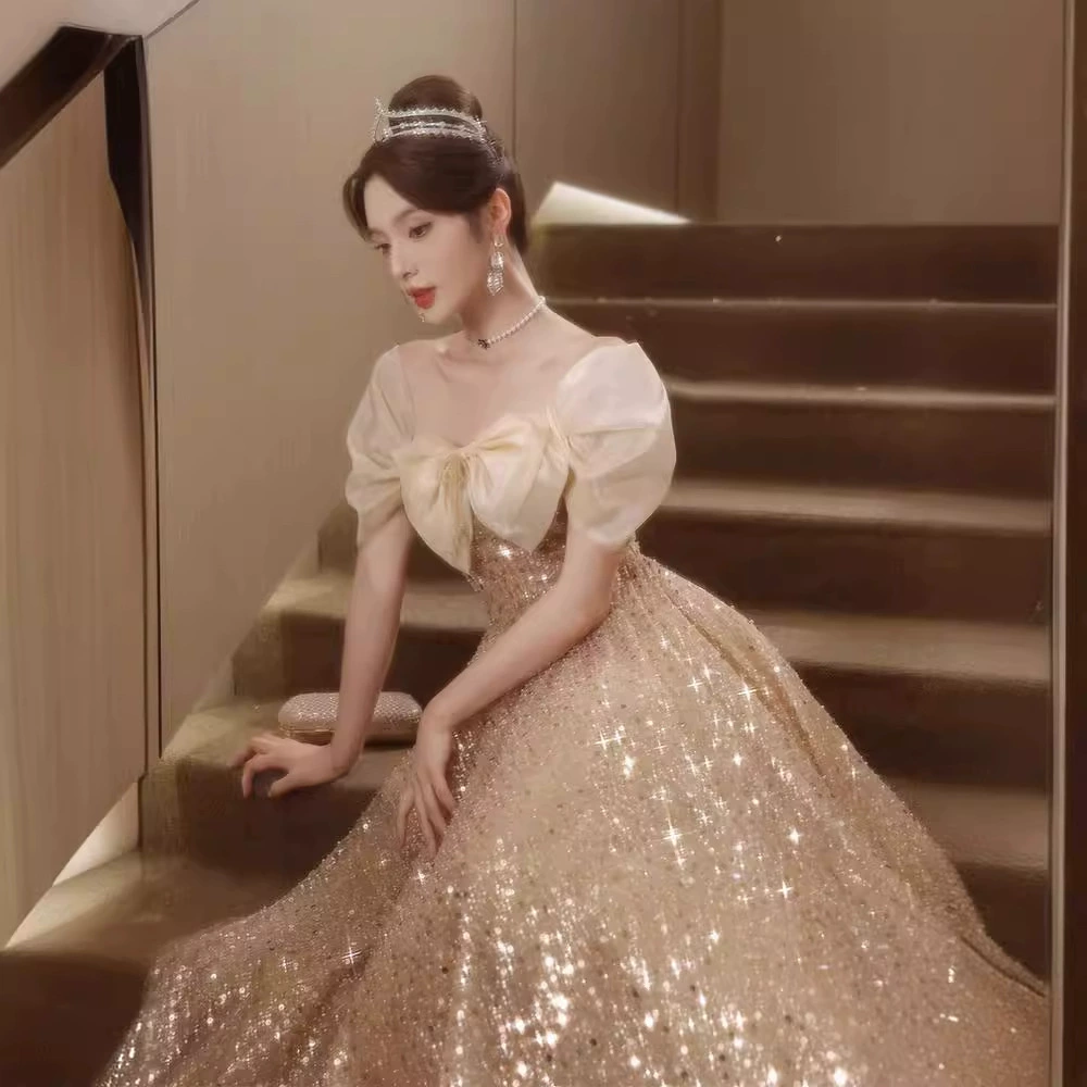 Golden evening dress, elite skirt, open shoulders, high-quality style