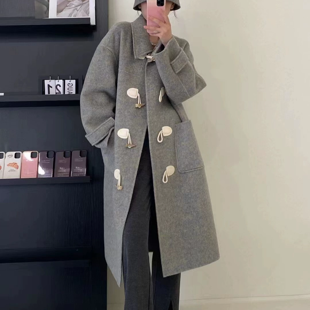 Элитное двустороннее кашемировое пальто для женщин, новинка осени-зимы 2025, в стиле преппи с пуговицами из рога, шерстяное пальто в корейском стиле.