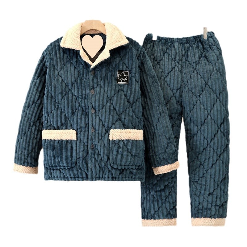 남성용 겨울면 잠옷, 3겹 플러스 벨벳, 두툼한 누빔 플란넬, 따뜻한 홈웨어 세트, 캐주얼하고 외출 가능