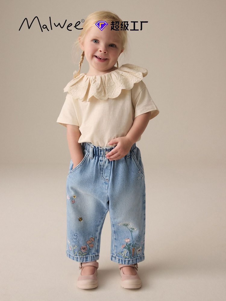 Malwee transfronterizo vaqueros de niñas otoño y invierno nuevos pantalones de cintura elástica para niños europeos y estadounidenses ropa de niños