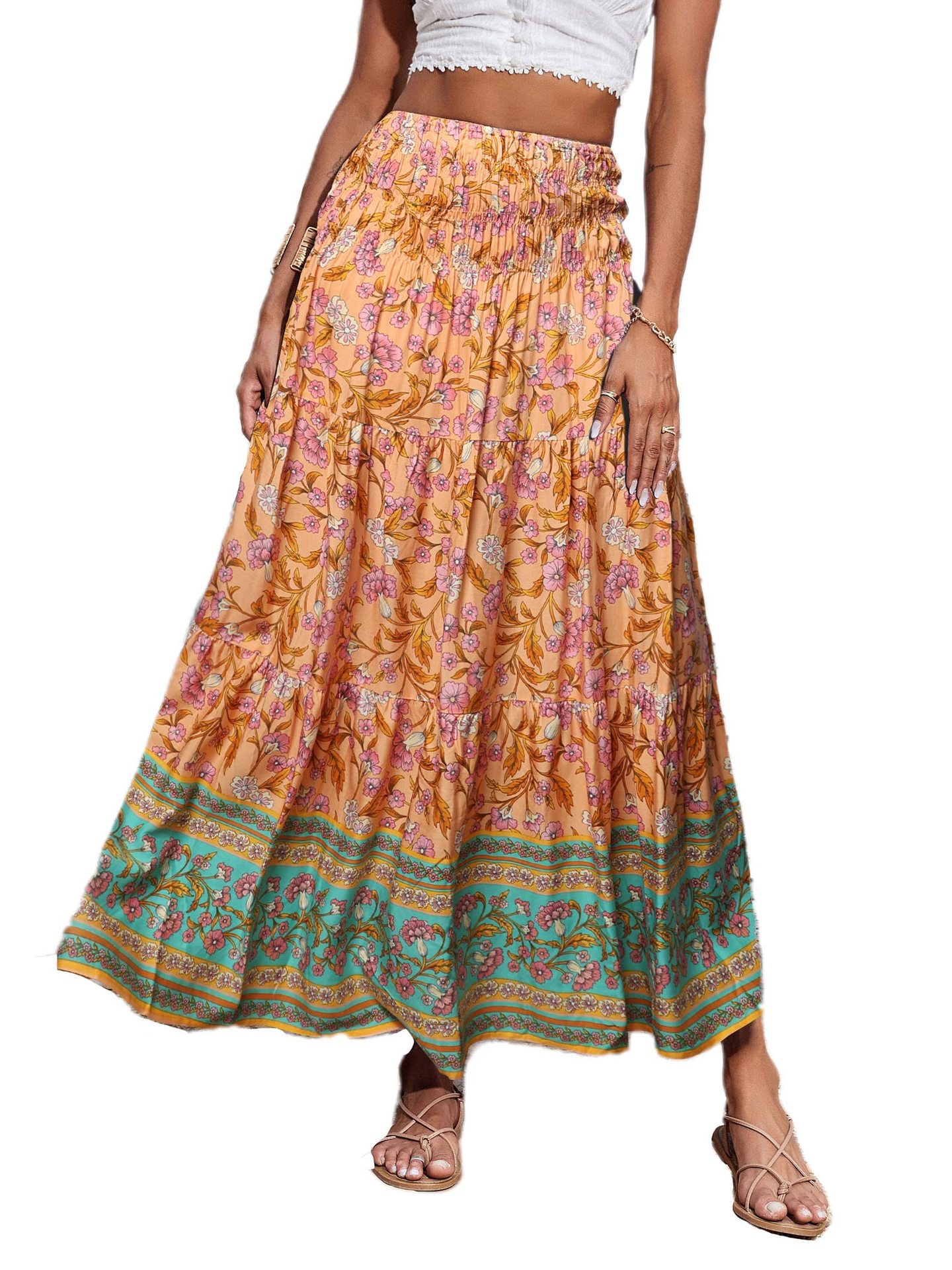 New European And American Printed Flared Bohemian Casual High-waisted Long Skirt, Beach Skirt For Women_ecoleips.com