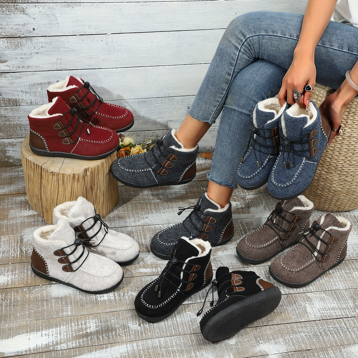 Внешняя торговля большой размер короткие сапоги женский 2024 осень и зима новая плоская подошва хлопчатобумажная обувь стежка европейские и американские повседневные женские сапоги