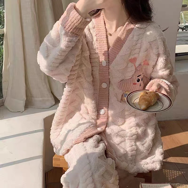 Yugui perro pijamas para las mujeres primavera Otoño Invierno coral fleece manga larga ins estudiante linda chica engrosada traje de franela