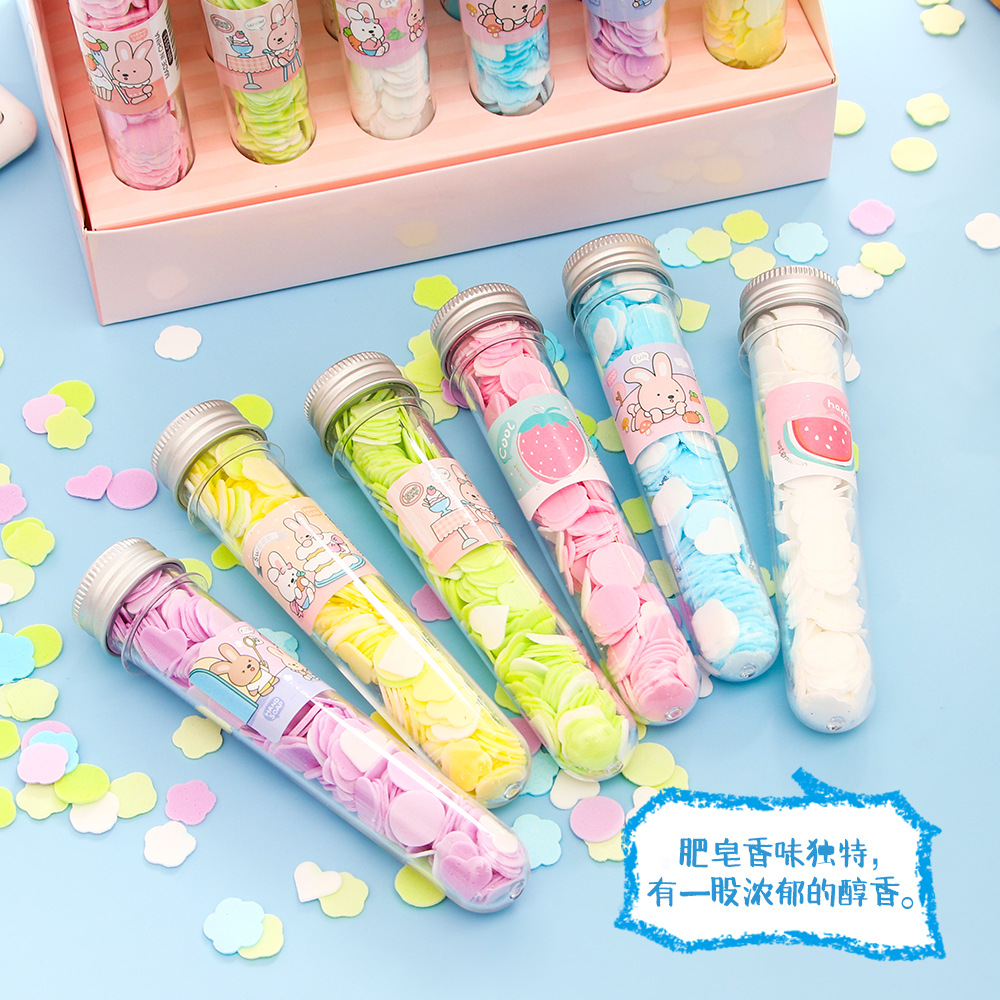 Una sola vez portátil al aire libre jabón de mano papel jabón de viaje tubo de ensayo para niños con pétalos de jabón