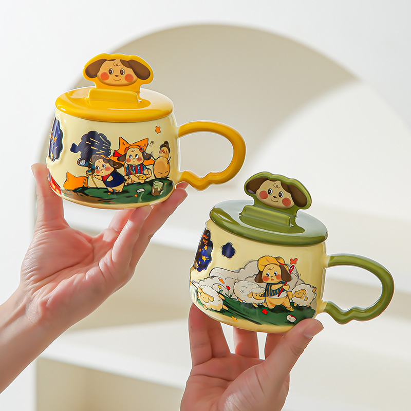 Taza de cerámica de dibujos animados creativos con soporte de teléfono móvil cubierta de taza de agua de oficina casera caja de regalo de alto valor pintada a mano taza de viento