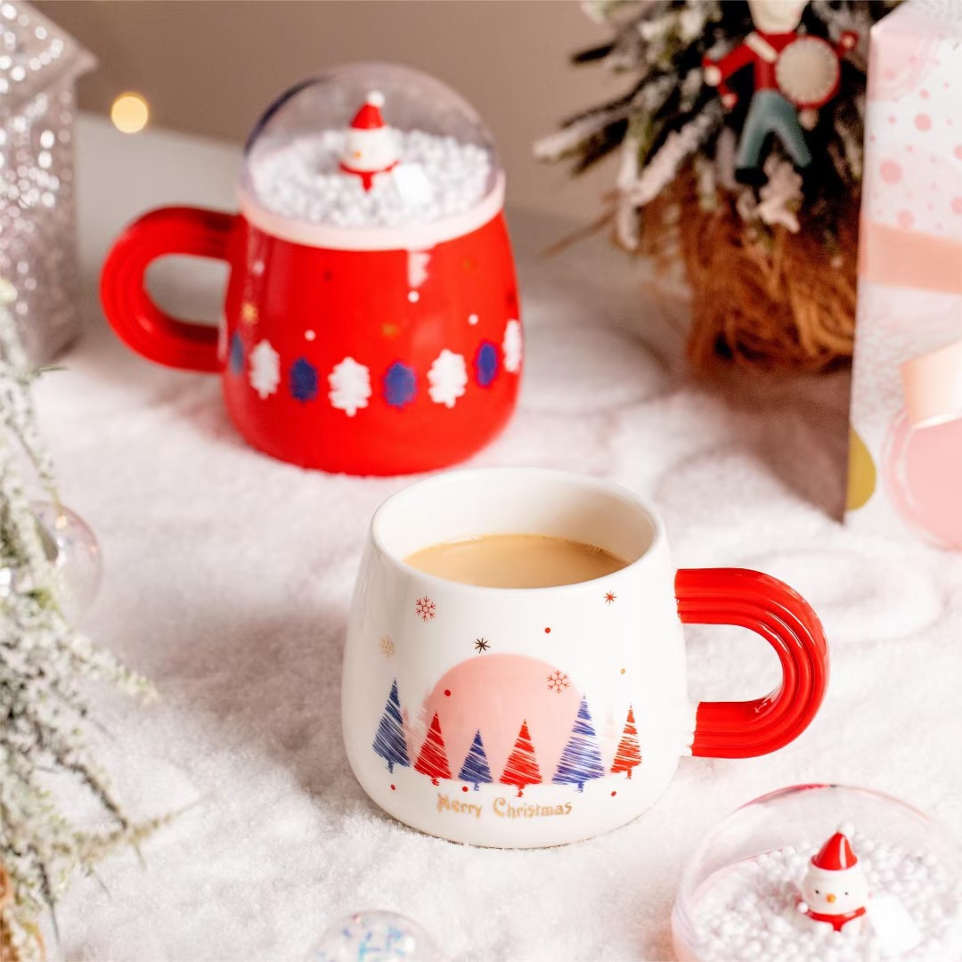 Personalidad creativa 3D muñeco de nieve paisaje Navidad regalo taza cerámica con tapa Oficina café