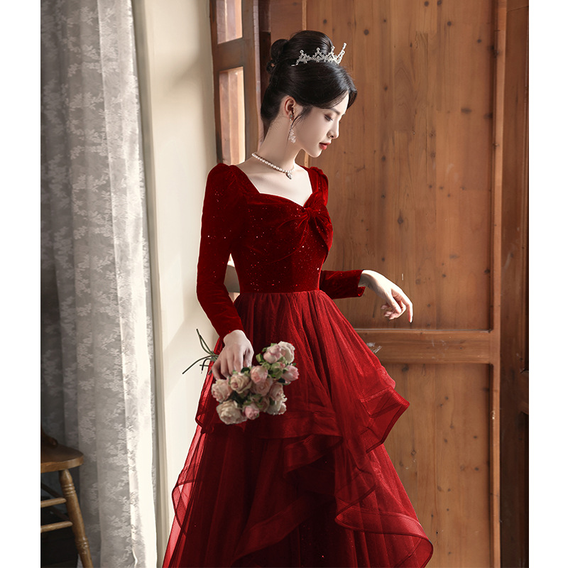 Brindis de novia 2025 nuevo rojo de alta gama boda lujosa francesa vestido de compromiso vestido de noche de alto nivel sensación de otoño y verano