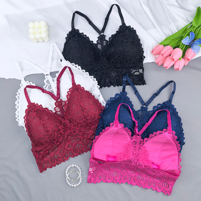 bordado de encaje transfronterizo chaleco bras francés sexy envuelto en el pecho base sin anillo de acero para limpiar el pecho ropa interior de mujer