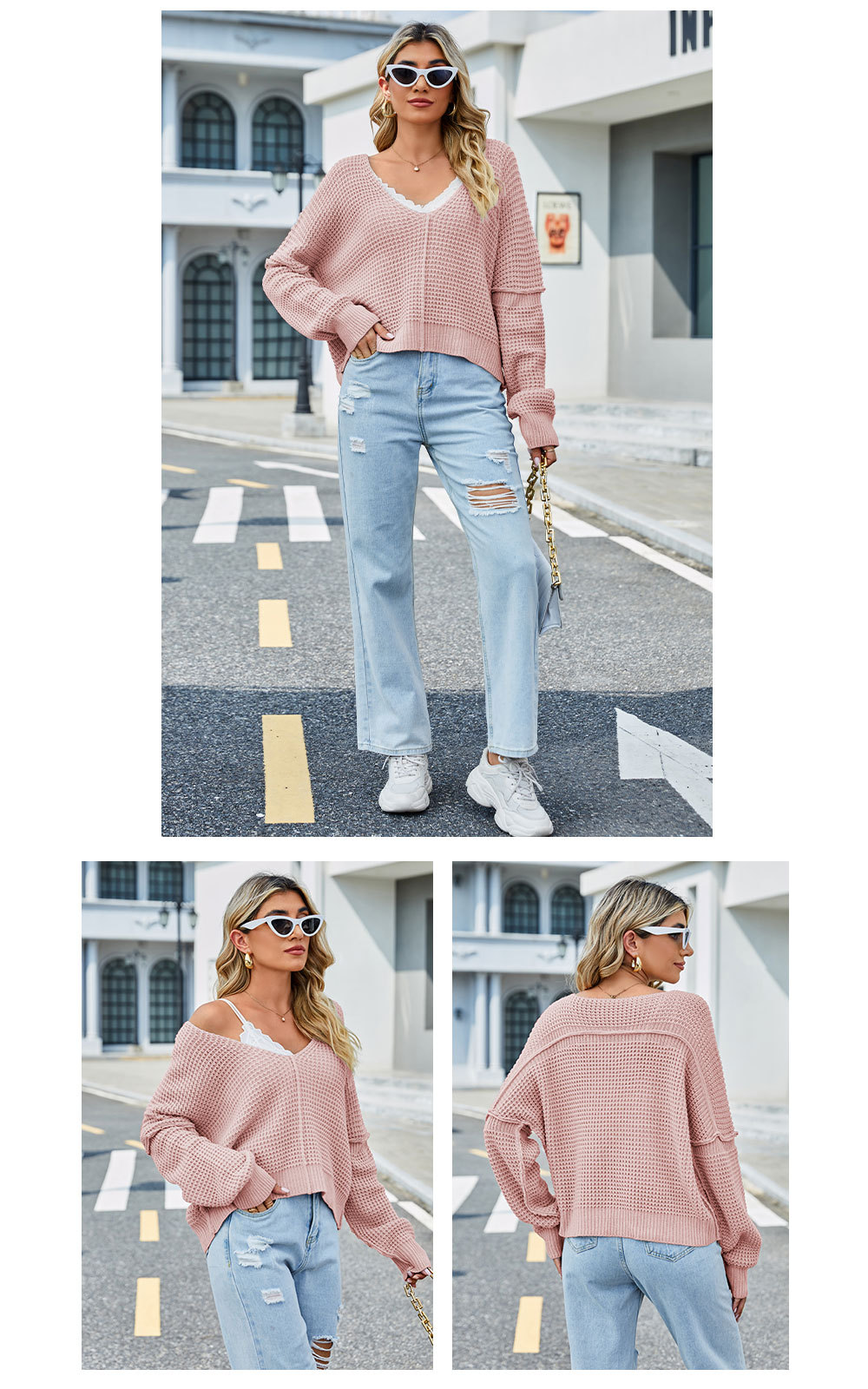 Women's V-neck solid color off-the-shoulder sweater sexy pullover_voghion.com