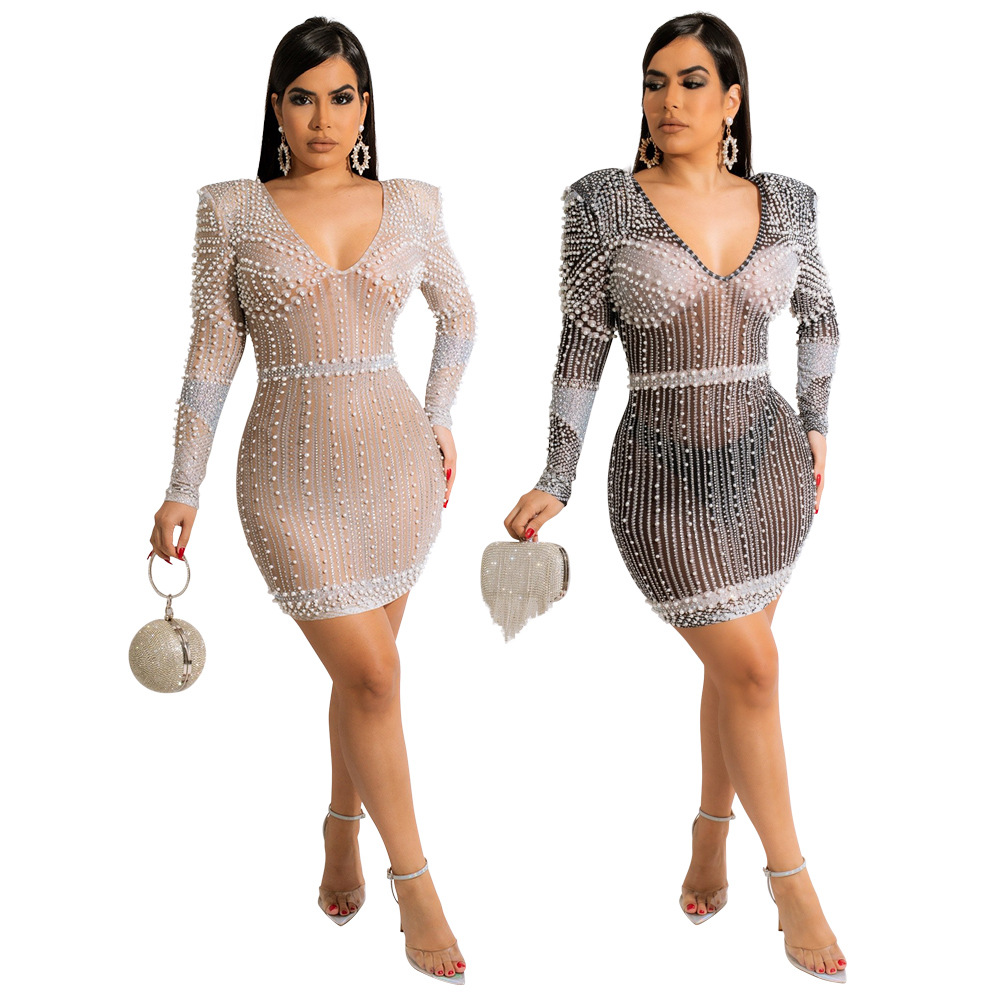 V-neck see-through rhinestone bubble bead sheath dress without panties NSCYF117393