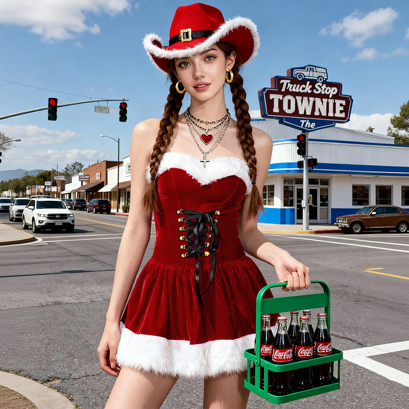 2025 Red Stuffed Christmas Sexy Dress Red Cowboy Hat Pure Desire Suit Santa Claus Costume