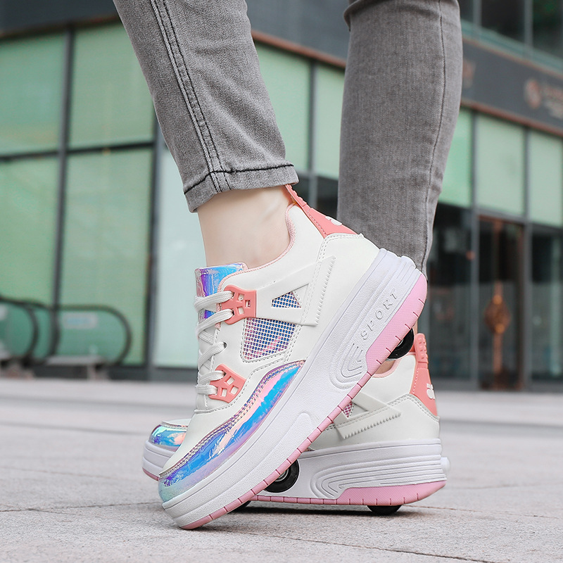 Nowe buty do chodzenia dla uczniów z kółkami, buty sportowe z diodami LED, niewidoczne, z dwoma kółkami, z czterema wyjmowanymi kółkami_voghion.com