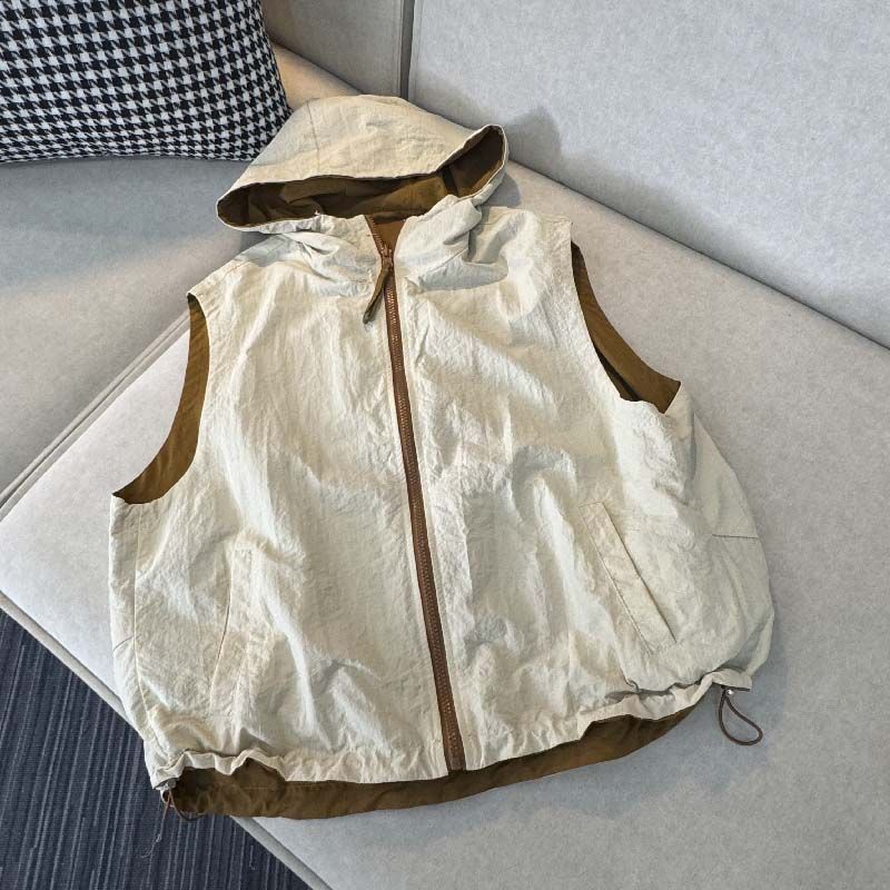 Japanese Retro Color-Blocking Sleeveless Hooded Vest for Women, New Summer Casual Simple Reversible Zip-Up Vest Jacket