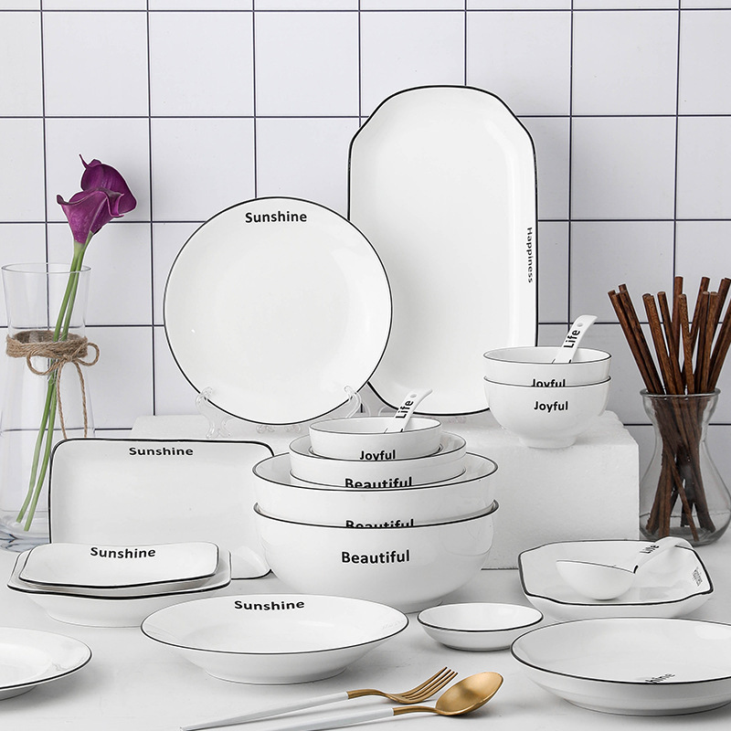 Simple style ceramic household English black line tableware white high-looking plate bowl and chopsticks series combination rice bowl dish plate