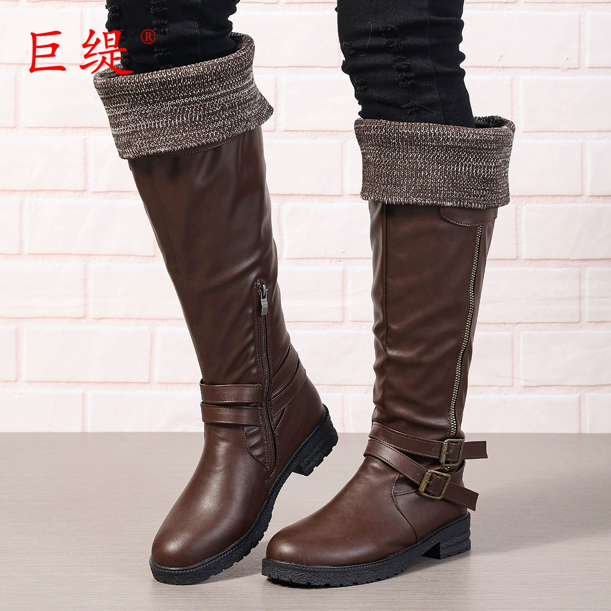 Новая внешнеторговая сапоги 2024 зима wish Amazon независимая станция Европейская и американская внешняя торговля низкий каблук большие размеры женские кожаные сапоги