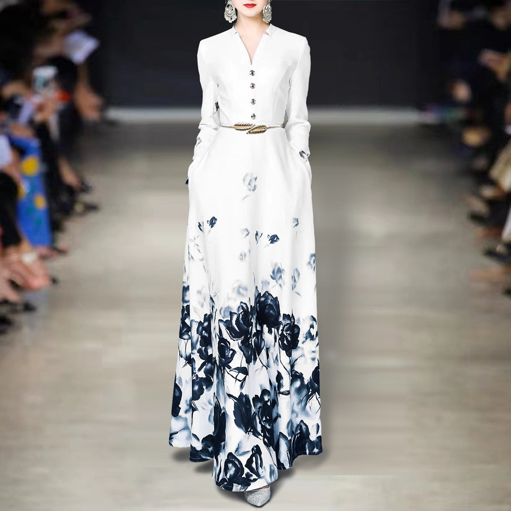 欧美走秀25秋季新款女装 V领长袖订扣水墨印花收腰大摆长款连衣裙