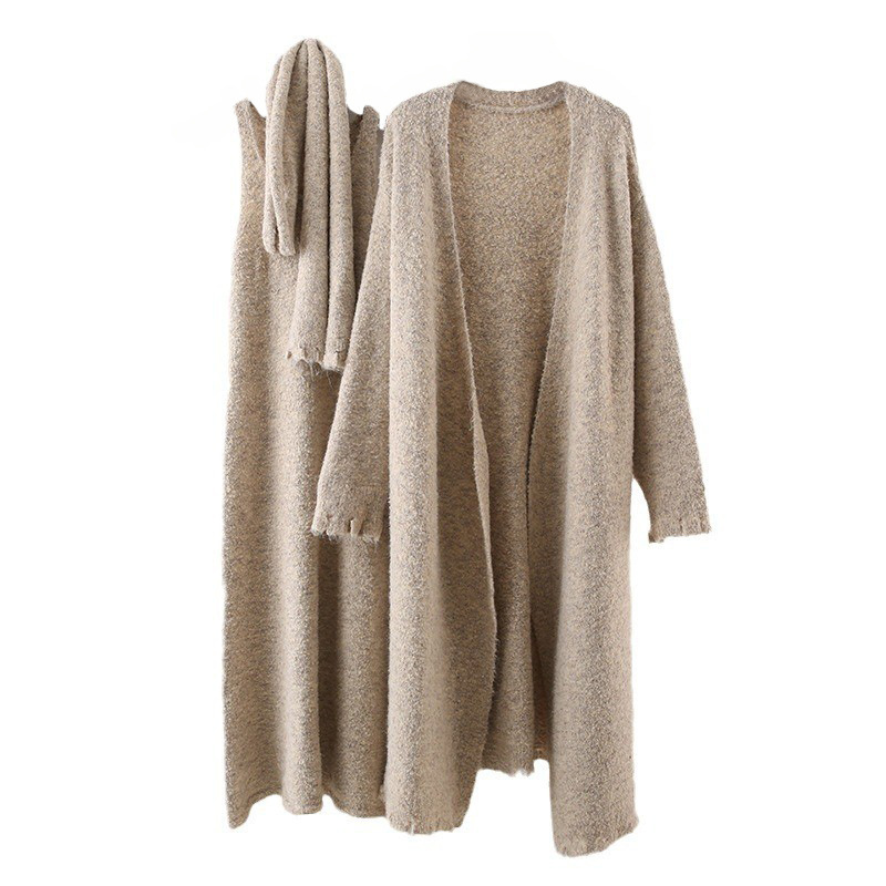 Strickanzug für Damenbekleidung, neuer Stil für den Winter, lässiges Temperament, modisches ärmelloses langes Westenkleid, dreiteiliger Anzug aus Strickjacke und Schal_voghion.com