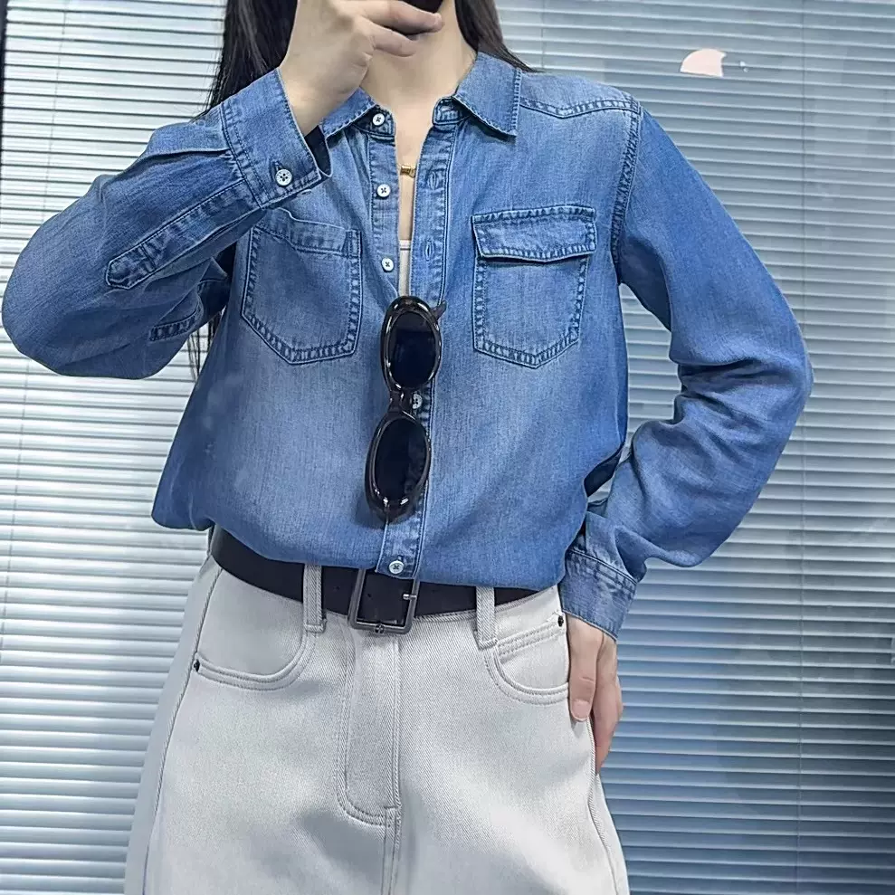 2026春夏新款 女士MO蓝晶天丝牛仔高垂度长袖衬衣薄衬衫外套11529
