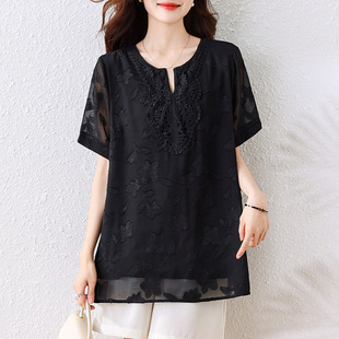 Women's Lace Stitching Short-sleeved T-shirt 2025 New Mother Summer Top plus size Loose Belly Covering Chiffon Shirt