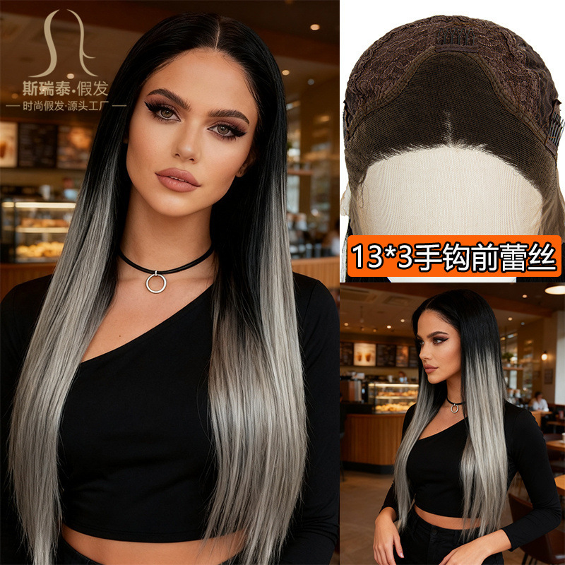2025 New Product Gray Gradient 32Inch Large Area 13X3 Half Hand Hook Front Lace Wig Female Hdlacewig