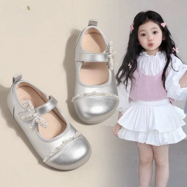 Children's Princess Shoes Girls' Small Leather Shoes 2025 New Spring and Autumn Little Girl Shoes silver Ballet Shoes Soft Sole Single Shoes