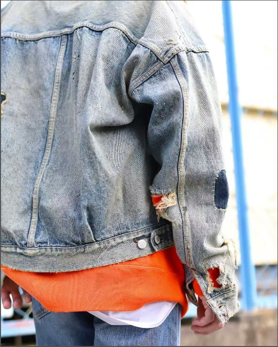 Vintage Denim Jacket With Graffiti Print Distressed High Street_voghion.com