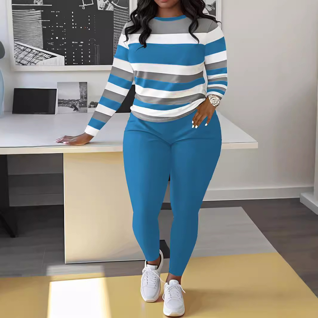 Women's Clothing Two piece Suit Long Sleeve Round Neck Striped Color Block T shirt Comfortable Sports_voghion.com