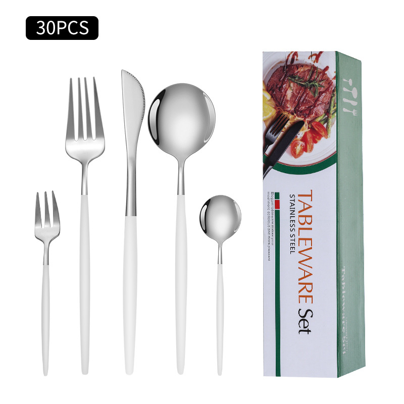 Cruz-Frontera de acero inoxidable vajilla portugués cuchillo y tenedor conjunto de 30 piezas de comida occidental cuchillo de filete de oro y cuchara de la caja de regalo