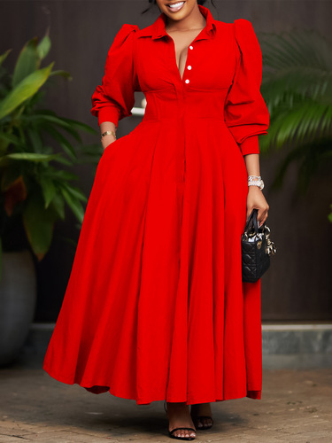 D570 Cross-border Women's Elegant Long-sleeved Large Swing Button-down Dress Top Fashion Solid Color Medium-length African Dress