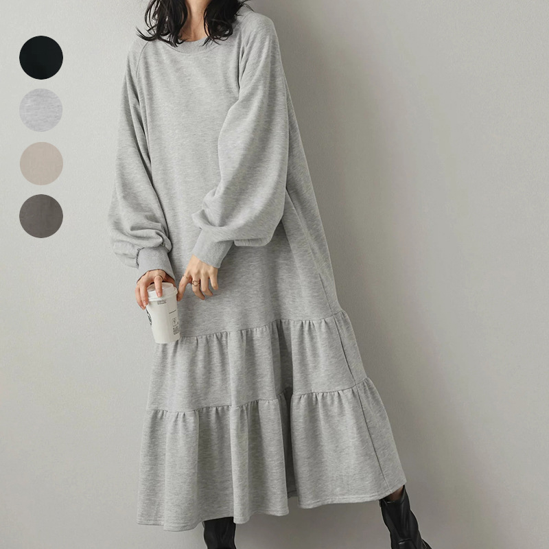 In-Stock Japanese Spring and Autumn Women's Loose Mid-Length Dress with Patchwork Ruffle Hem Sweatshirt Dress Long-Sleeve Long Dress