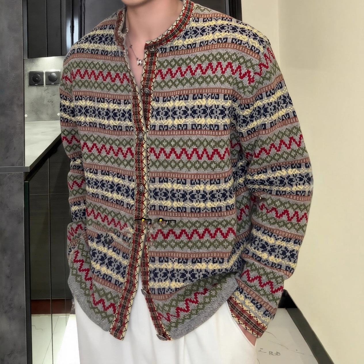 Autumn New High-End Retro Style Contrasting Color Sweater Jacket Men's Business Stripesd Design Knitted Cardigan Top