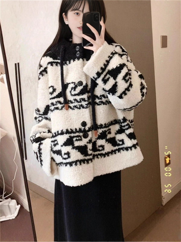 设计感重工提花撞色秋冬新款长袖宽松连帽外套针织开衫毛衣女上衣|undefined