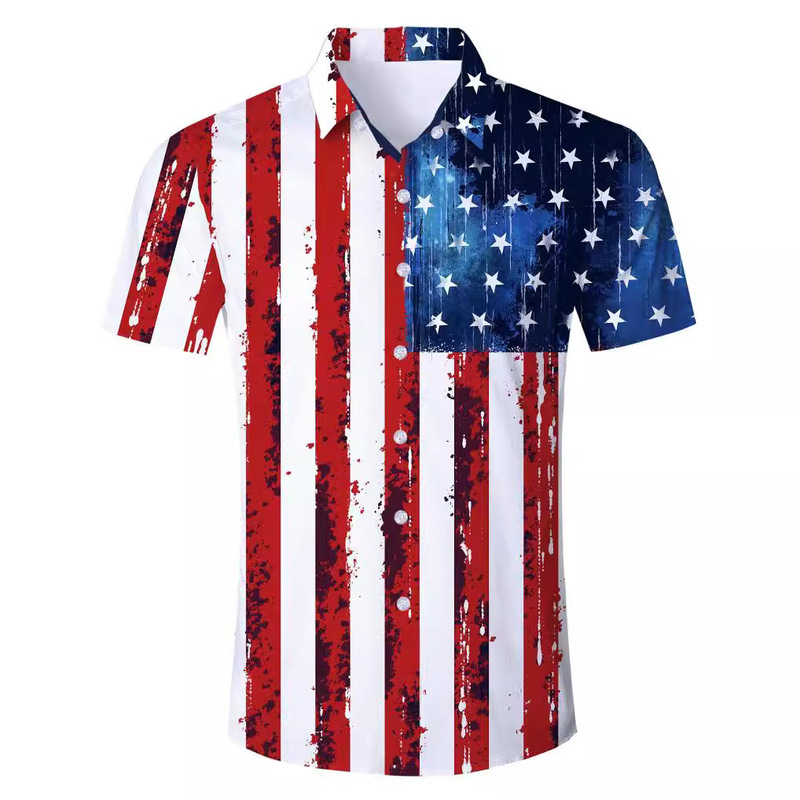 Factory direct men's patriotic shirt July 4 American flag Hawaiian shirt button short sleeve