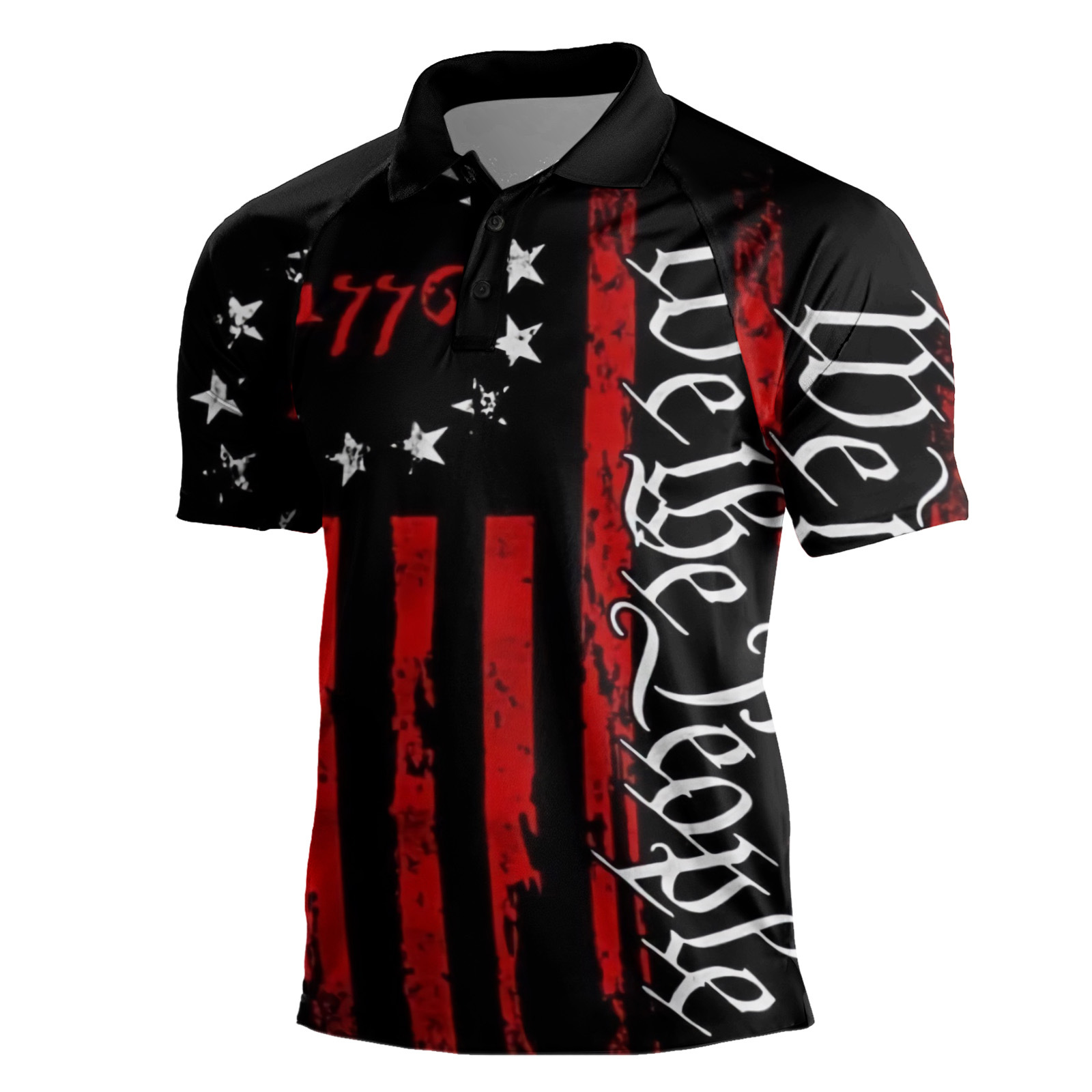 Cross-border Europa y América 2023 nuevos hombres casuales de manga corta Henry Independence Day Elements Camisa POLO raglán de tres botones para hombres