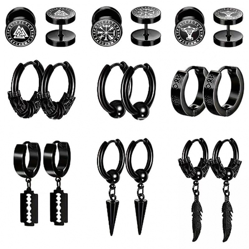 Boucles d'oreilles unisexes noires à fermoir plat, motif runique unique nordique viking, en acier inoxydable, style géométrique classique et tendance._voghion.com