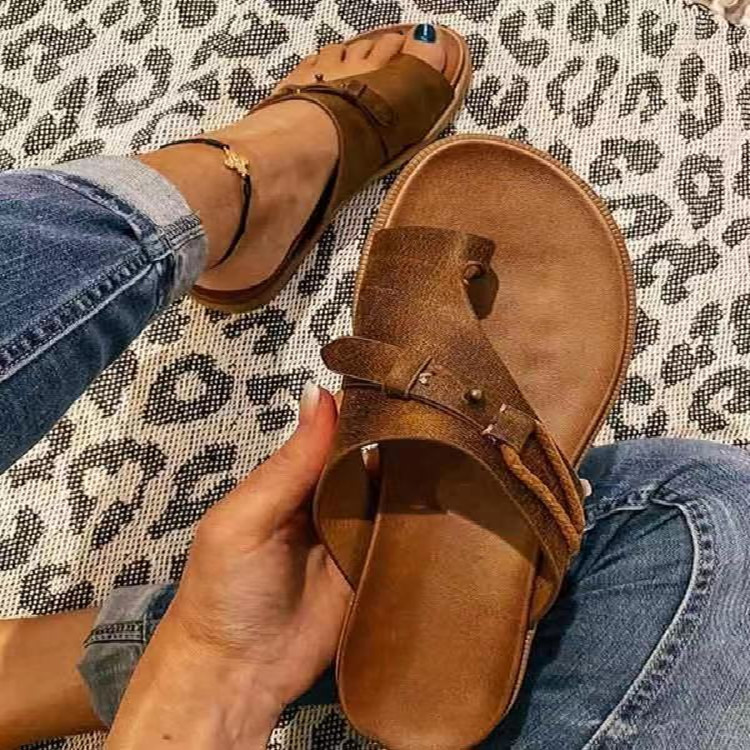 Independent Station 2021 Summer New Cross-border Women's Slippers Buckle European and American Leather Thong Women's Sandals and Slippers Foreign Trade Women's Shoes