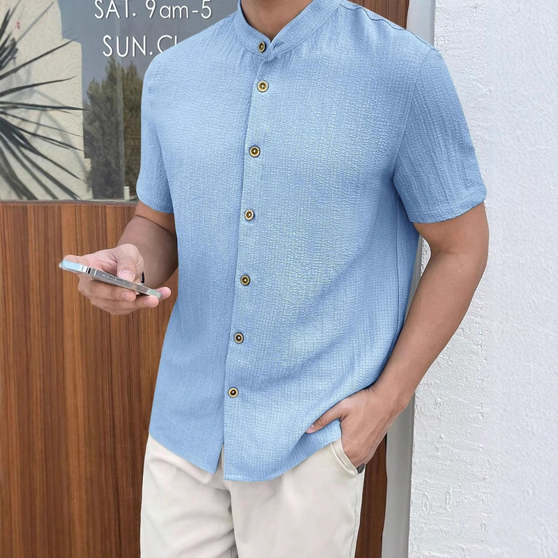 Temu Dropshipping Export Cross-Border Popular Summer New Men's Short-Sleeved Shirt Sports Running Casual Stand-Up Collar Shirt