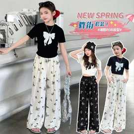 女童垂感裤子套装中大童夏季韩系撞色蝴蝶印花洋气短袖T恤两件套