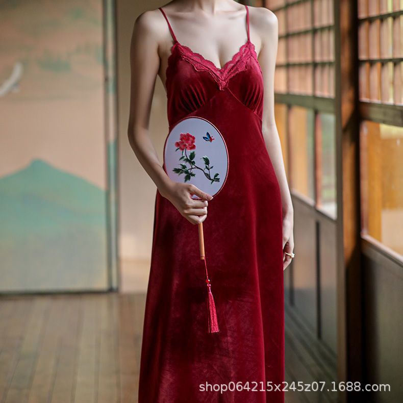 프랑스 신부 아침 가운 하이 엔드 가을과 겨울 레드 벨벳 웨딩 잠옷 투피스 웨딩 잠옷 올해