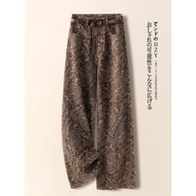 印花咖色直筒牛仔裤女秋冬2025新款设计感加绒保暖垂坠感拖地长裤