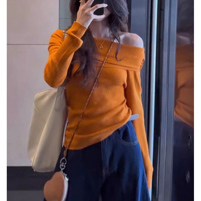 独特超好看橘色露肩针织打底衫女秋冬季高JI感毛衣内搭一字肩上衣|undefined