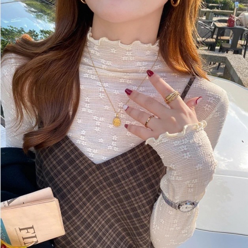 蕾丝打底衫女半高领2025新款春秋薄款内搭长袖早秋上衣木耳边小衫|undefined