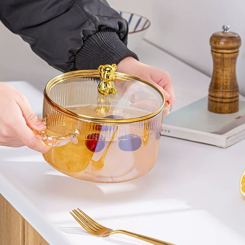 Creative Bear двойные уши суповую кастрюлю в полоску миска из стекла прозрачная здоровая кастрюля глина печь может нагревать миски быстрого приготовления лапши