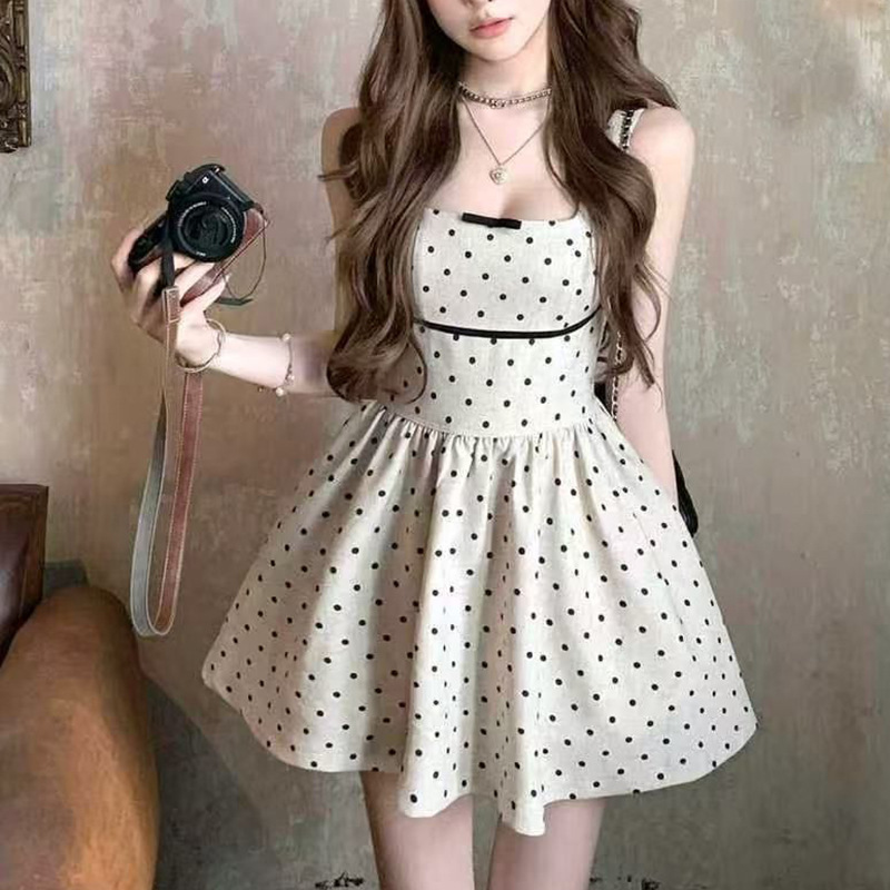 Birthday Dress, High-End French Style Rich Daughter Dress, Vest Dress, Waist-Cinching Polka Dot Suspender Dress, Women's Summer