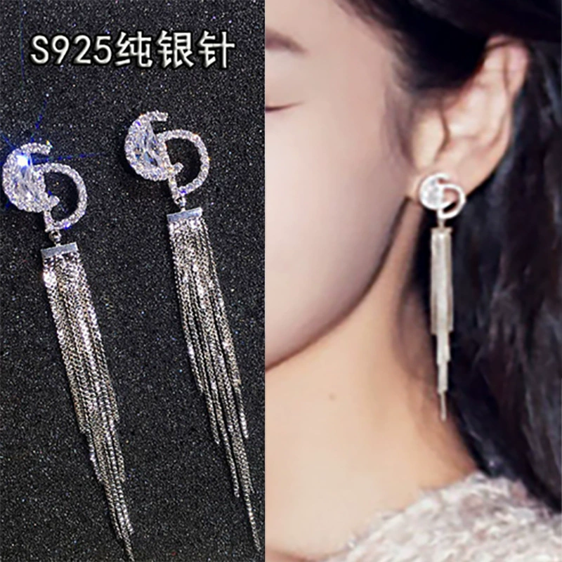Серьги S925, кисточка с кристаллами циркония, короткие или длинные