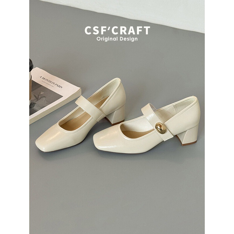 Sheepskin French-Style Square-Toe Mary Jane Shoes for Women, 2026 New Model, Chunky Heel, Single Strap, Shallow Mouth, Versatile High Heels