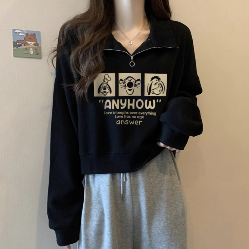 黑色立领半拉链短款卫衣女秋季小个子2025新款冬款女士内搭短外套|undefined