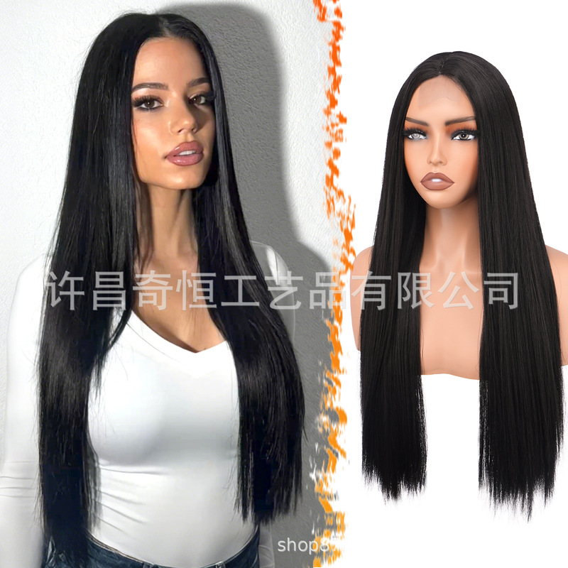 Fashionable Long Straight Hair Wig with Front Lace, Full Hair Set for Women, Middle Parting, Realistic Long Hair, Cross-Border European and American Hot-Selling Wholesale Fashionable Long Straight Hair Wig with Front Lace, Full Hair Set for Women, Middle Parting, Realistic Long Hair, Cross-Border European and American Hot-Selling Wholesale