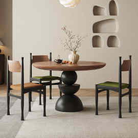 圆形实木餐桌椅组合新款中古风设计师法式复古家用小户型创意圆桌